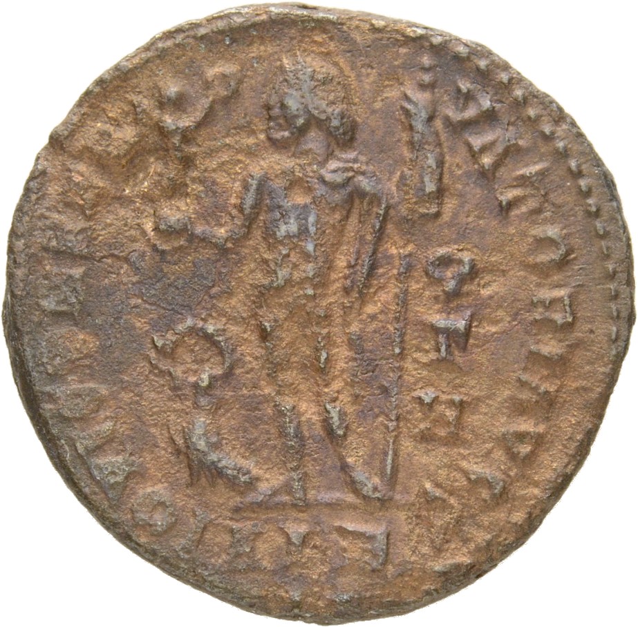 RIC VII Alexandria 9 Licinius reverse, Jupiter, nude, chlamys spread, standing left, holding Victory on globe in right han...