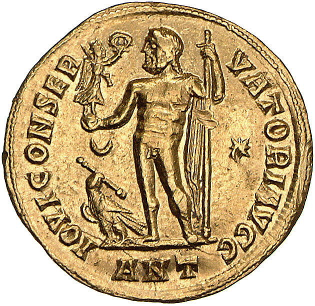 RIC VII Antioch 10 Licinius reverse, Jupiter, nude, chlamys draped across left shoulder, standing left, holding Victory on...