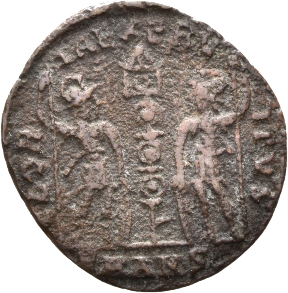 Constantine I reverse — Two soldiers, helmeted, draped, cuirassed, standing facing each other, each holding reversed spear in outer hand and resting inner hand on shield; between them, a standard