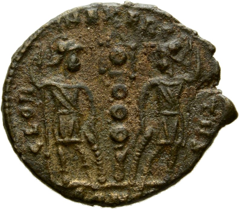 Constantine I reverse — Two soldiers, helmeted, draped, cuirassed, standing facing each other, each holding reversed spear in outer hand and resting inner hand on shield; between them, a standard