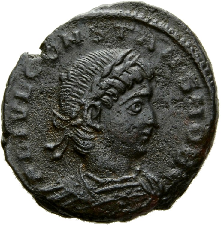 RIC VII Antioch 111 Constantine I obverse, Bust of Constans, laureate, cuirassed, right