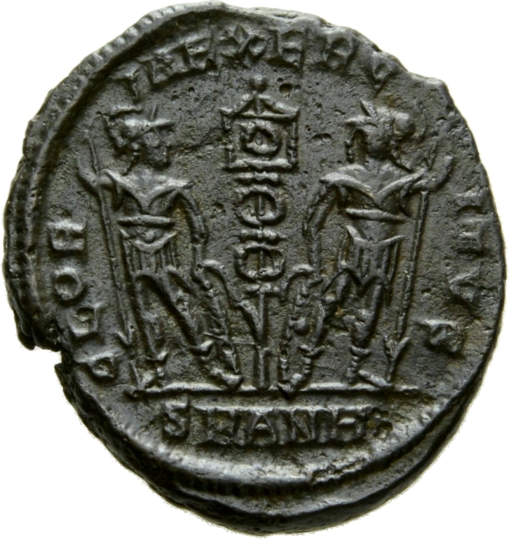Constantine I reverse — Two soldiers, helmeted, draped, cuirassed, standing facing each other, each holding reversed spear in outer hand and resting inner hand on shield; between them, a standard