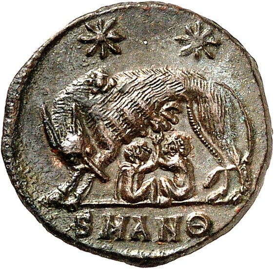 RIC VII Antioch 113 Constantine I reverse, She-wolf, standing left, suckling twins; above, two stars