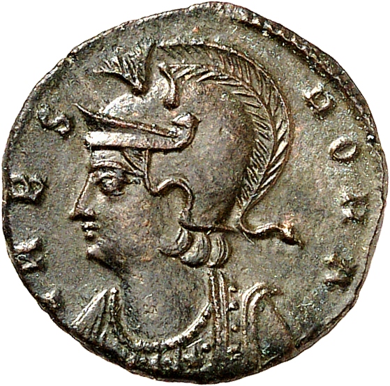 RIC VII Antioch 113 Constantine I obverse, Bust of Roma, helmeted, wearing imperial cloak, left