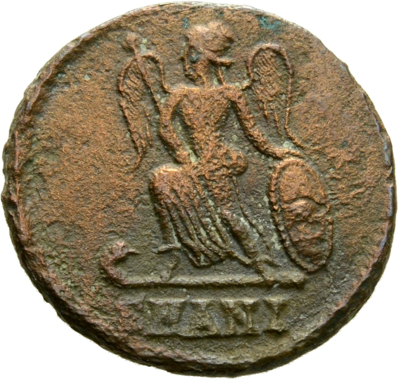 RIC VII Antioch 114 Constantine I reverse, Victory, winged, draped, standing left on prow, holding spear in right hand and...