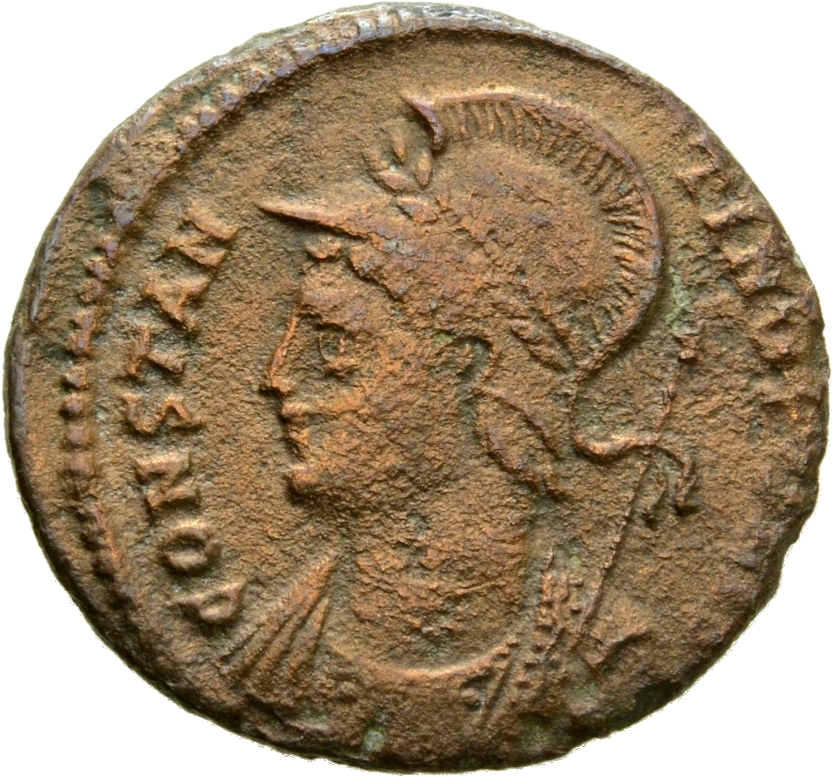 Constantine I obverse — Bust of Constantinopolis, laureate, helmeted, wearing imperial cloak, left, holding reversed spear in right hand