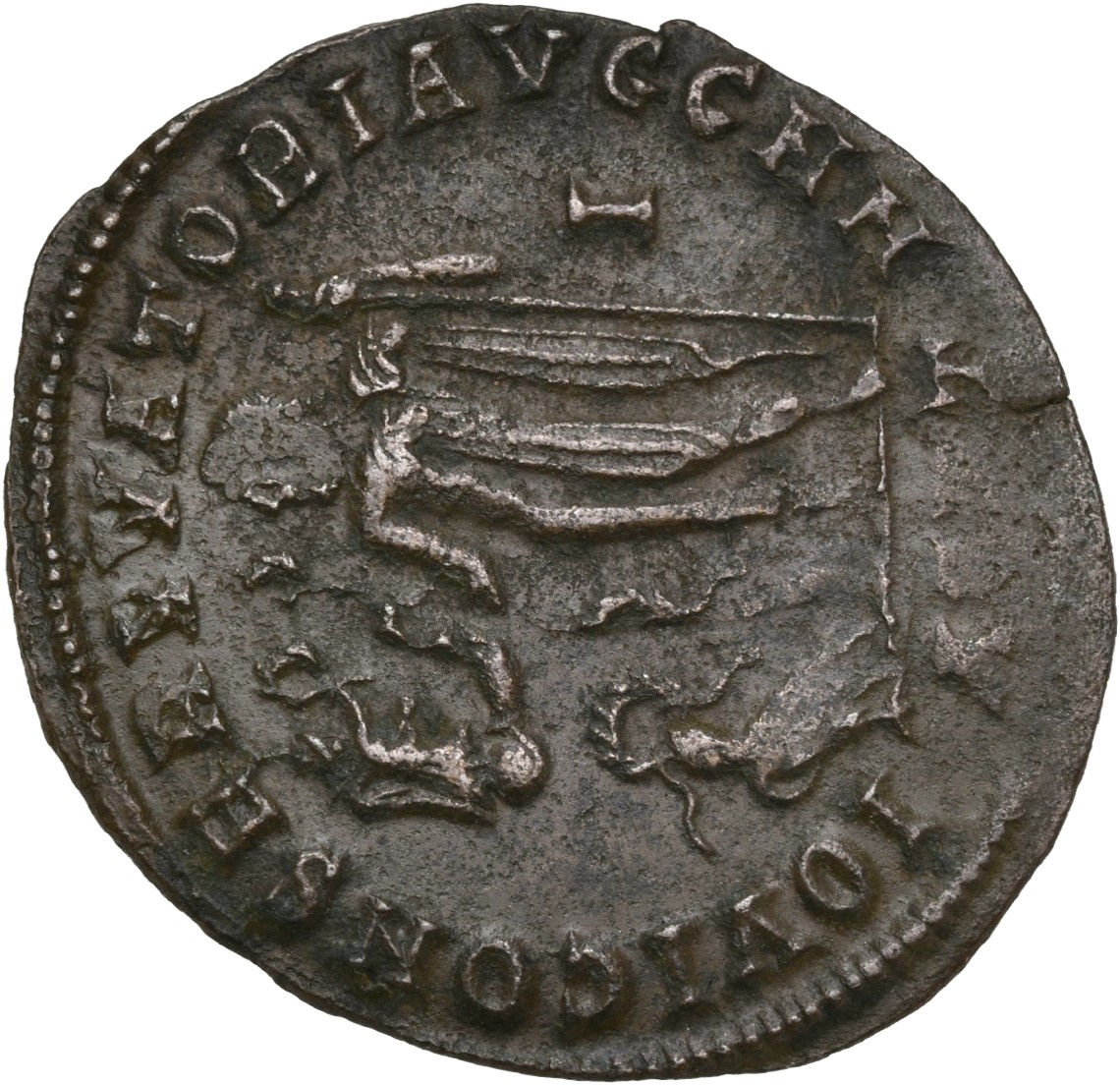 RIC VII Antioch 17 Licinius reverse, Jupiter, nude, chlamys draped across left shoulder, standing left, holding Victory on...