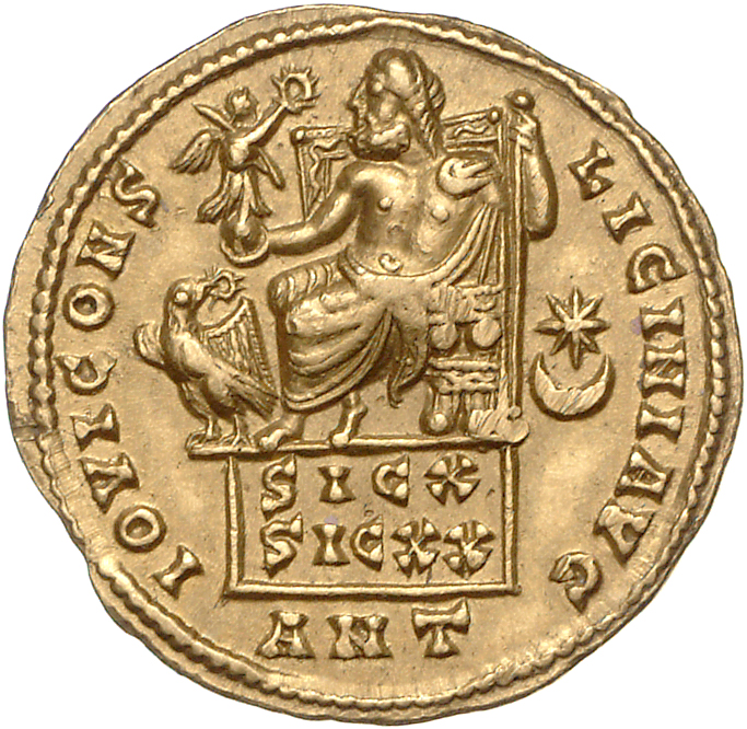 RIC VII Antioch 20 Licinius reverse, Jupiter, draped to waist, seated left on throne set on platform inscribed SIC X / SIC...