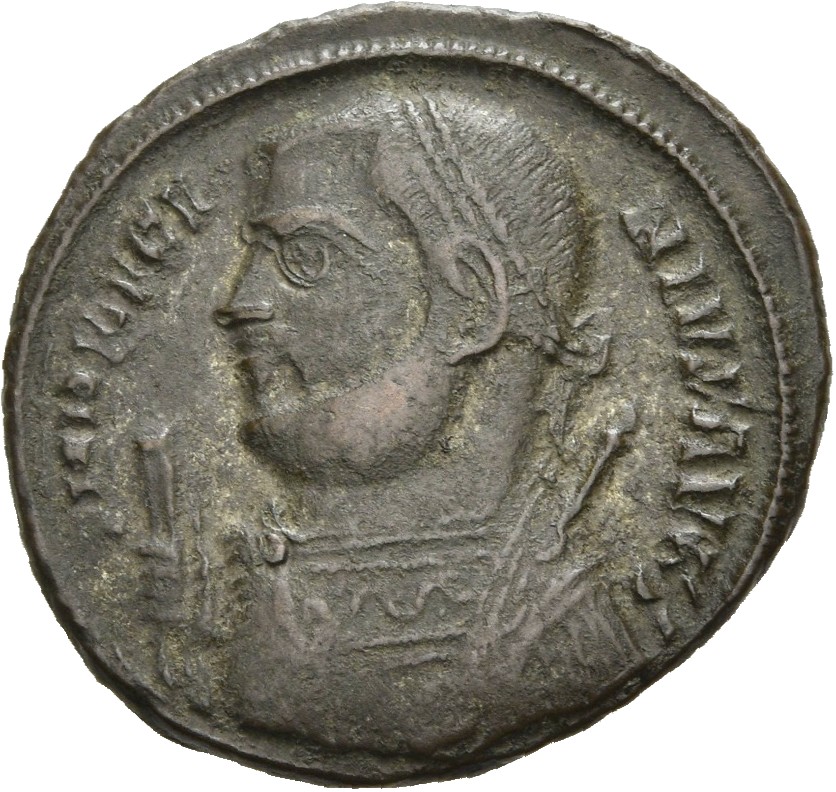 RIC VII Antioch 27 Licinius obverse, Bust of Licinius, laureate, draped, left, holding sceptre in right hand and mappa in ...
