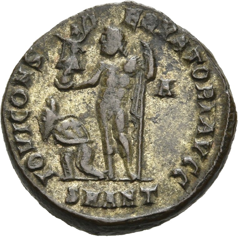 RIC VII Antioch 27 Licinius reverse, Jupiter, nude, chlamys draped across left shoulder, standing left, holding Victory on...