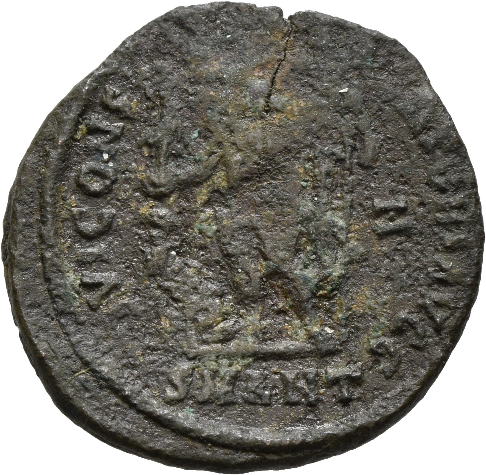 RIC VII Antioch 27 Licinius reverse — Jupiter, nude, chlamys draped across left shoulder, standing left, holding Victory o...