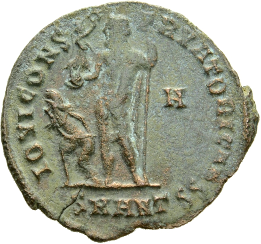 RIC VII Antioch 29 Licinius reverse, Jupiter, nude, chlamys draped across left shoulder, standing left, holding Victory on...