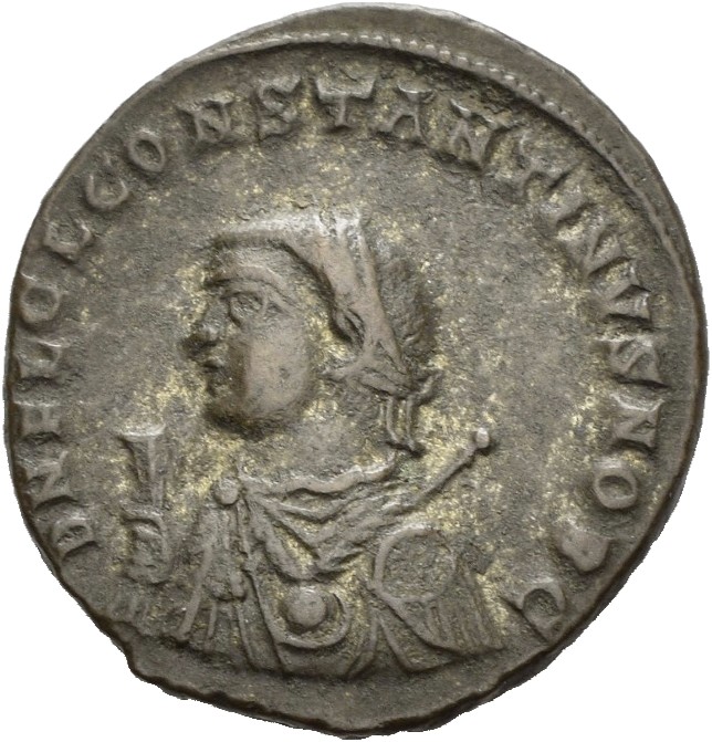 RIC VII Antioch 30 Licinius obverse, Bust of Constantine II, laureate, draped, left, holding sceptre in right hand and map...