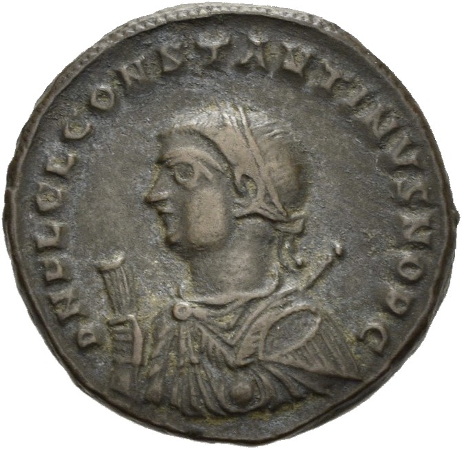 RIC VII Antioch 30 Licinius obverse — Bust of Constantine II, laureate, draped, left, holding sceptre in right hand and ma...