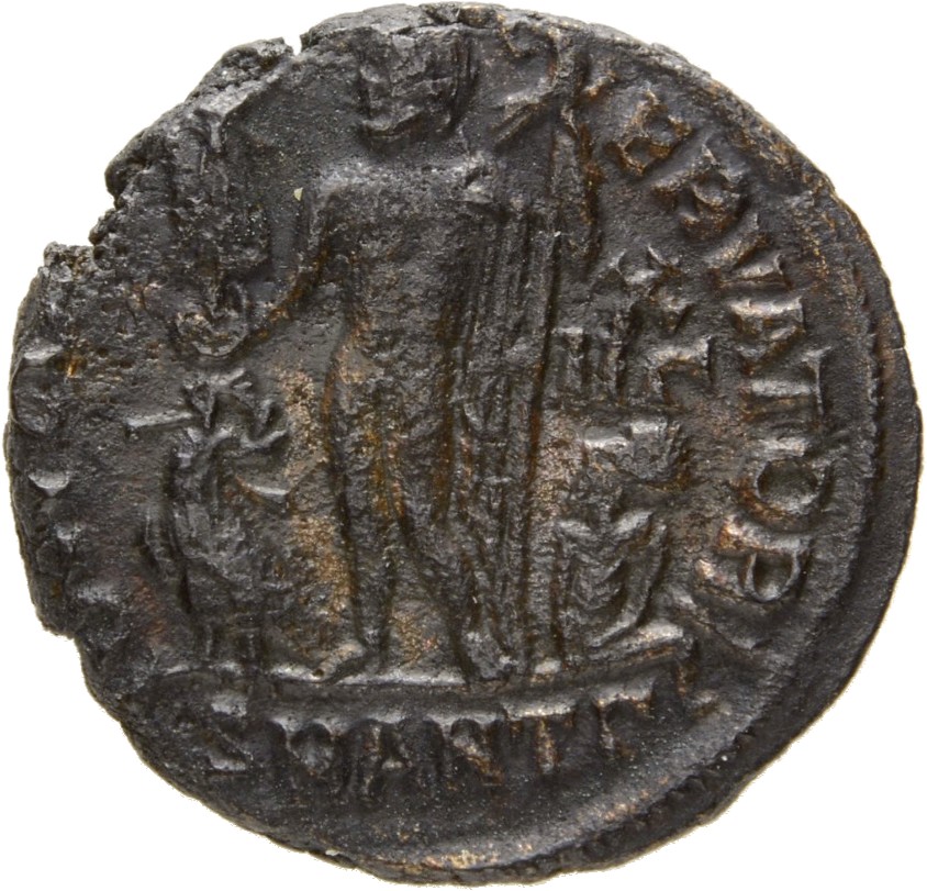 RIC VII Antioch 34 Licinius reverse, Jupiter, nude, chlamys draped across left shoulder, standing left, holding Victory on...