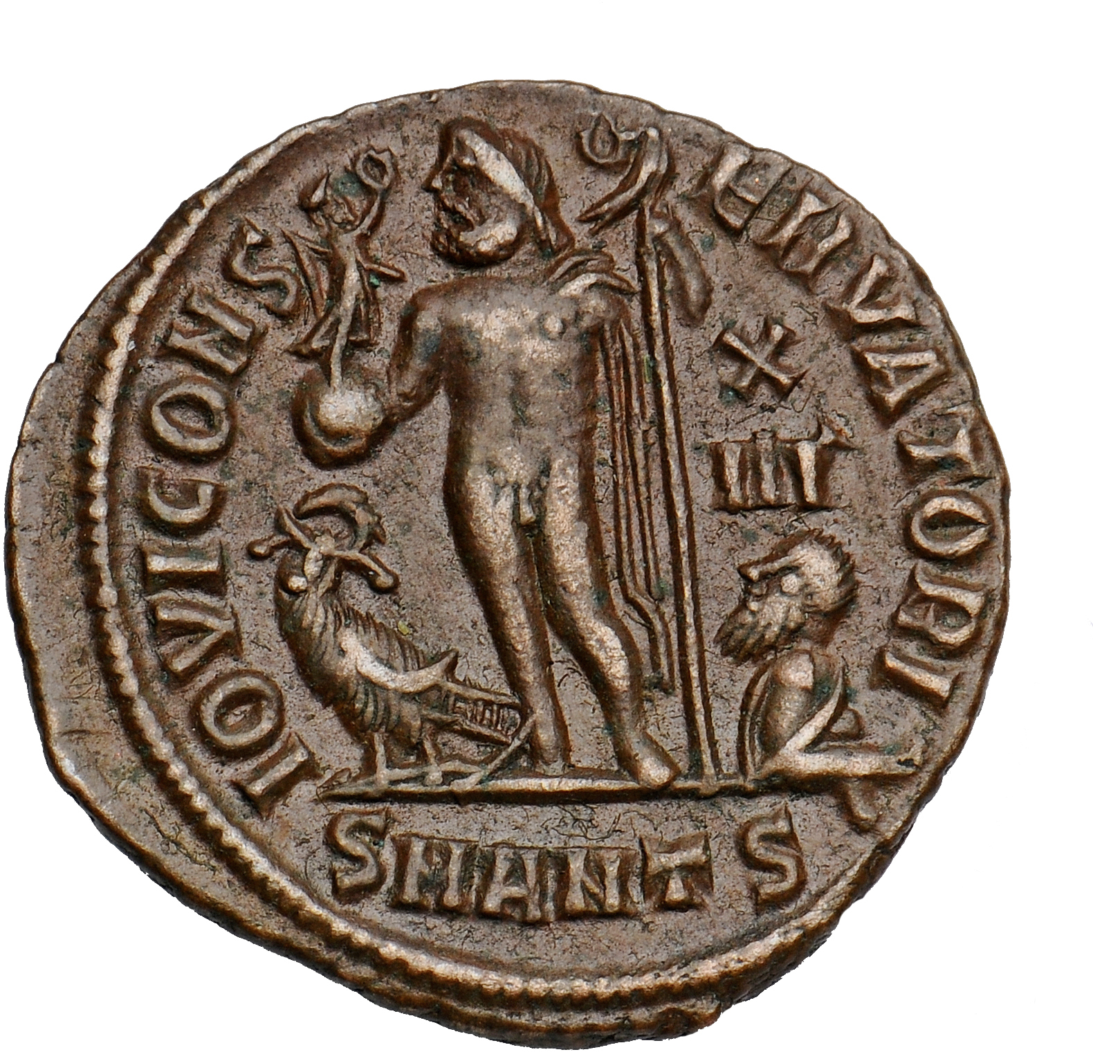 RIC VII Antioch 34 Licinius reverse — Jupiter, nude, chlamys draped across left shoulder, standing left, holding Victory o...