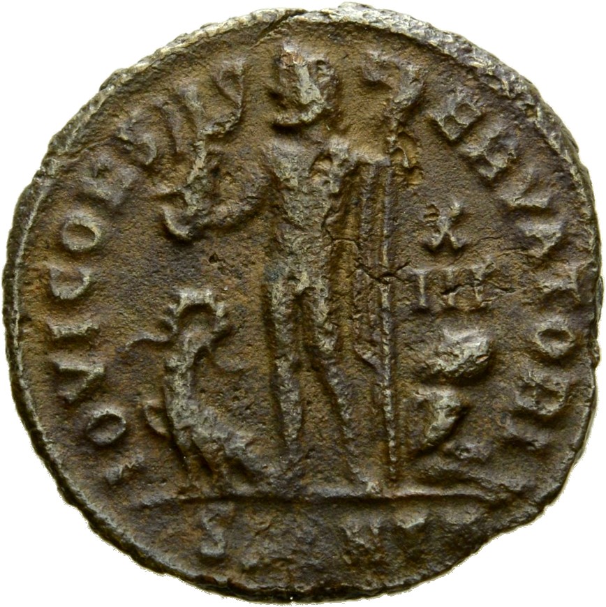 RIC VII Antioch 35 Licinius reverse, Jupiter, nude, chlamys draped across left shoulder, standing left, holding Victory on...