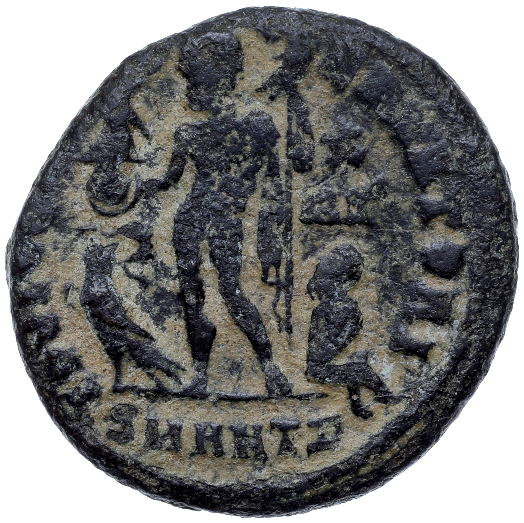RIC VII Antioch 36 Licinius reverse, Jupiter, nude, chlamys draped across left shoulder, standing left, holding Victory on...