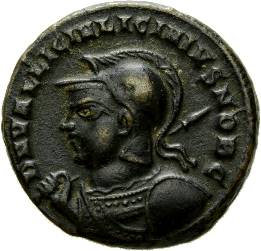 RIC VII Antioch 36 Licinius obverse, Bust of Licinius II, helmeted, cuirassed, left, holding spear across right shoulder a...