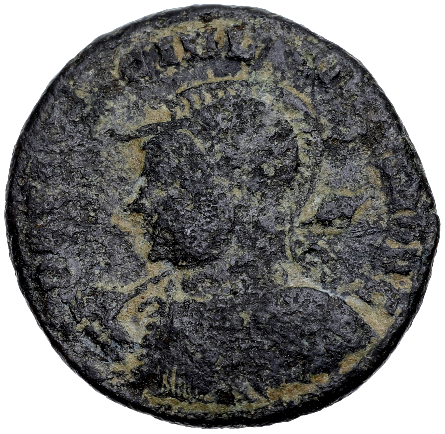 RIC VII Antioch 36 Licinius obverse — Bust of Licinius II, helmeted, cuirassed, left, holding spear across right shoulder ...