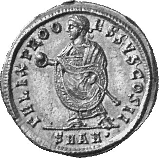 Constantine I reverse — Constantine I, togate, standing left, holding globe in right hand and short sceptre in left hand