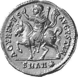 RIC VII Antioch 48 Constantine I reverse, Constantine I, draped, cuirassed, cloak flying, mounted left, raising right hand...