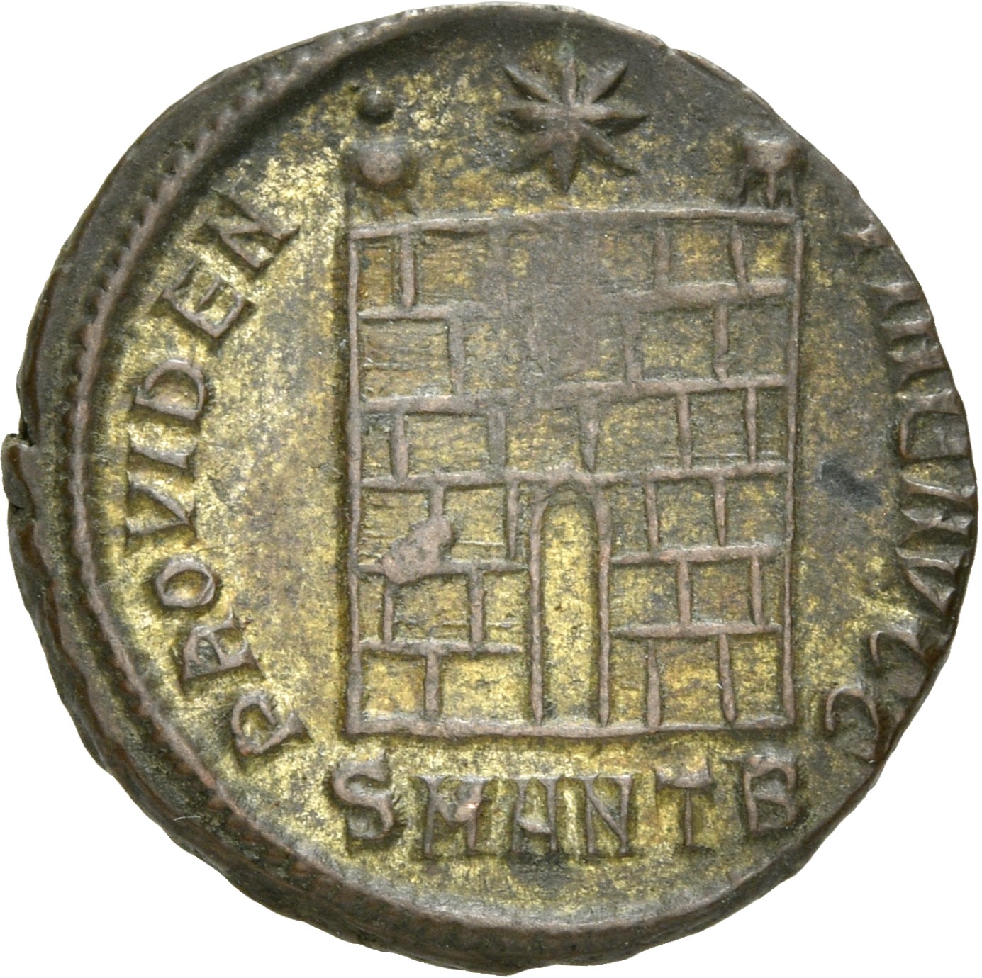 RIC VII Antioch 63 Constantine I reverse, Camp gate with two turrets, without doors, with varying number of stone layers; ...