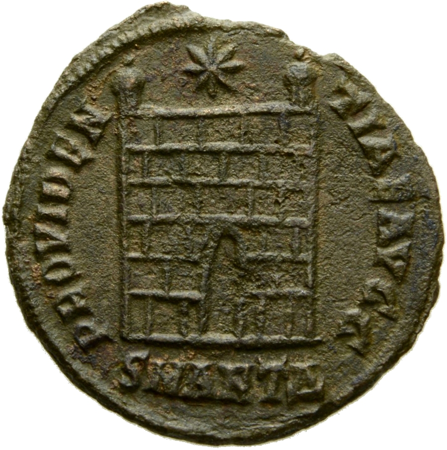 Constantine I reverse — Camp gate with two turrets, without doors, with varying number of stone layers; star above