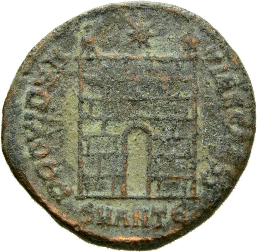 RIC VII Antioch 64 Constantine I reverse, Camp gate with two turrets, without doors, with varying number of stone layers; ...