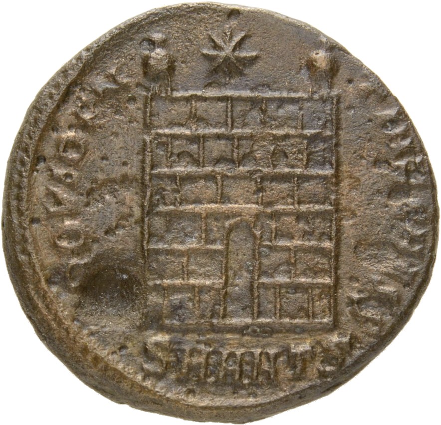 RIC VII Antioch 65 Constantine I reverse, Camp gate with two turrets, without doors, with varying number of stone layers; ...