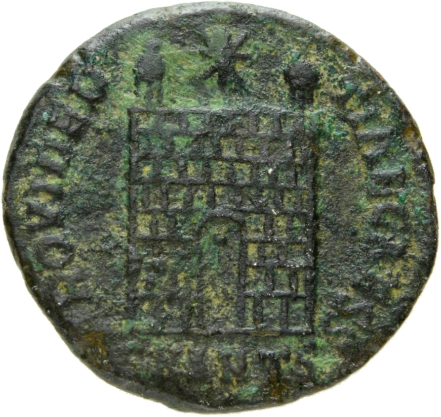 Constantine I reverse — Camp gate with two turrets, without doors, with varying number of stone layers; star above