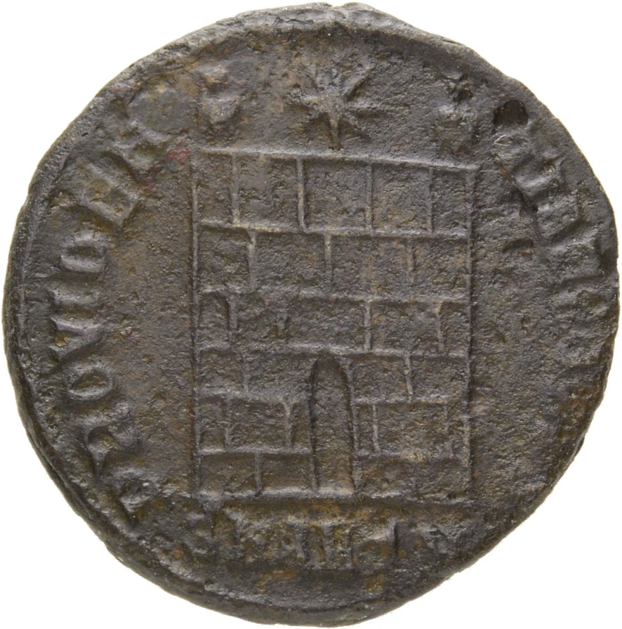 Constantine I reverse — Camp gate with two turrets, without doors, with varying number of stone layers; star above