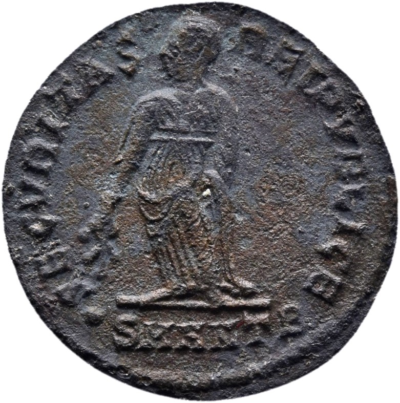 RIC VII Antioch 67 Constantine I reverse, Securitas, draped, standing left, raising robe with right hand and lowering bran...