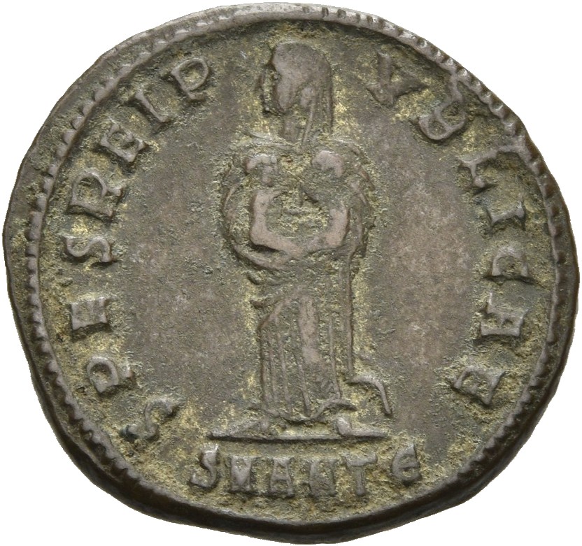 RIC VII Antioch 69 Constantine I reverse, Spes, veiled, draped, standing front, head left, holding two children in her arms