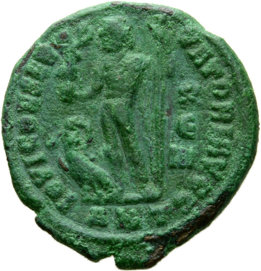RIC VII Antioch 7 Licinius reverse, Jupiter, nude, chlamys draped across left shoulder, standing left, holding Victory on ...