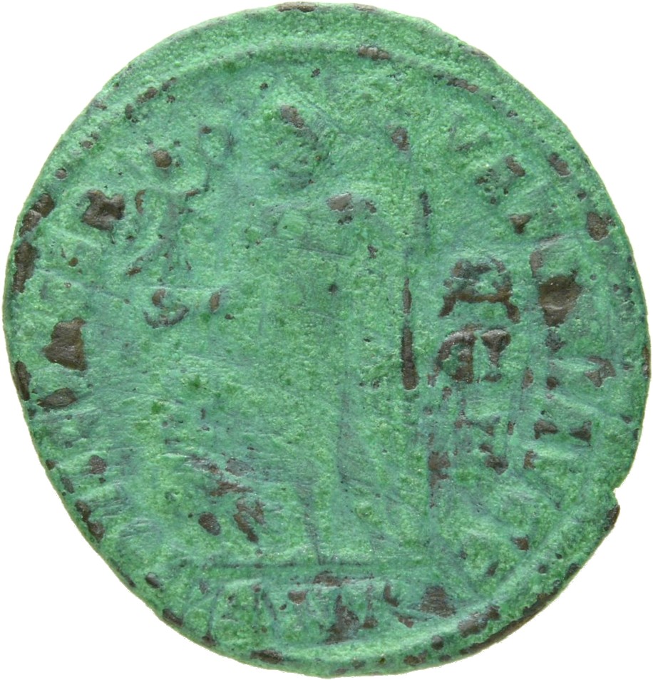RIC VII Antioch 7 Licinius reverse — Jupiter, nude, chlamys draped across left shoulder, standing left, holding Victory on...