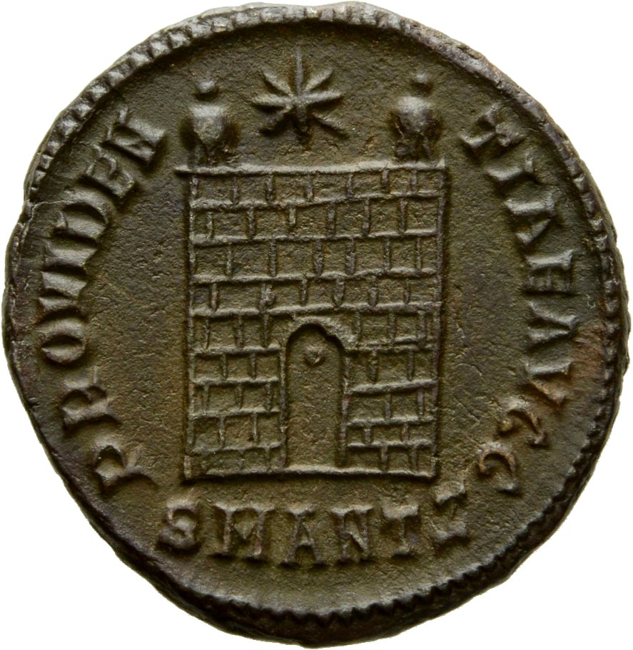 RIC VII Antioch 71 Constantine I reverse, Camp gate with two turrets, without doors, with varying number of stone layers; ...