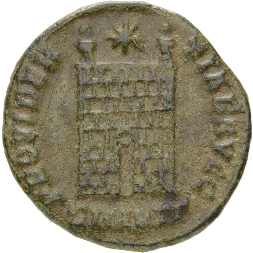 Constantine I reverse — Camp gate with two turrets, without doors, with varying number of stone layers; star above