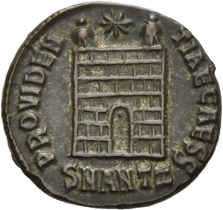 RIC VII Antioch 72 Constantine I reverse, Camp gate with two turrets, without doors, with varying number of stone layers; ...