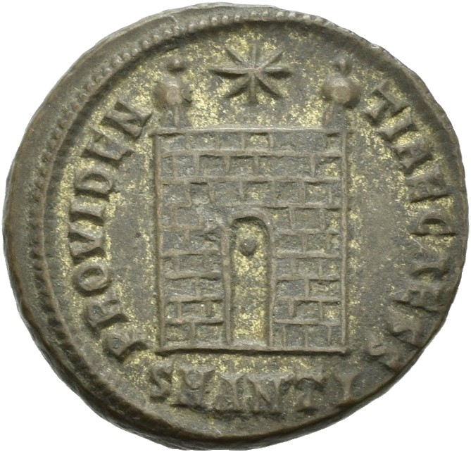RIC VII Antioch 73 Constantine I reverse, Camp gate with two turrets, without doors, with varying number of stone layers; ...