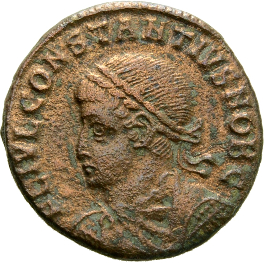 Constantine I obverse — Bust of Constantius II, laureate, draped, cuirassed, left