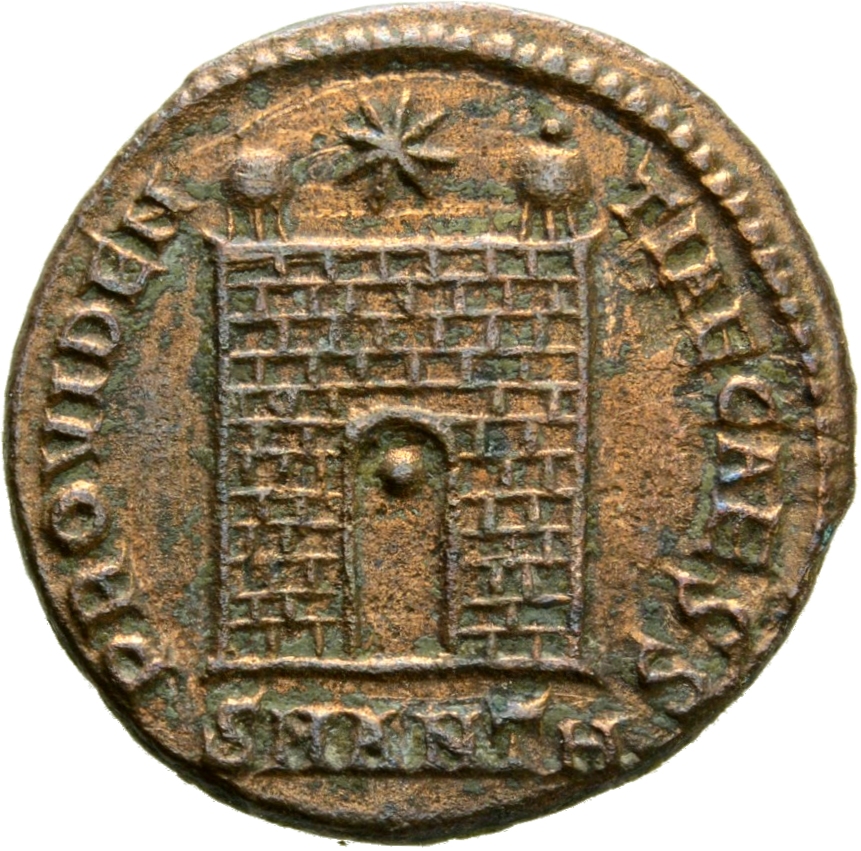 Constantine I reverse — Camp gate with two turrets, without doors, with varying number of stone layers; star above