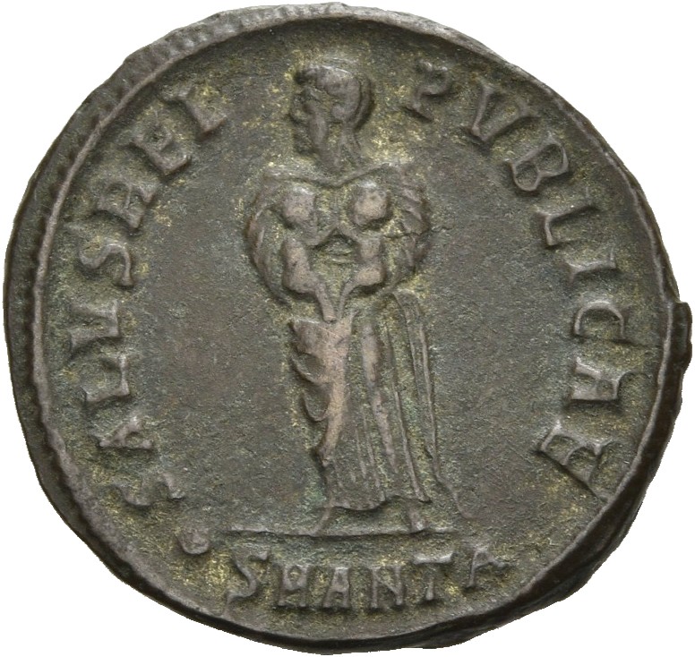 RIC VII Antioch 76 Constantine I reverse, Salus, veiled, draped, standing front, head left, holding two children in her arms