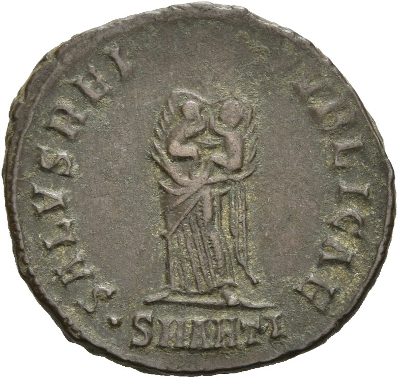 RIC VII Antioch 76 Constantine I reverse, Salus, veiled, draped, standing front, head left, holding two children in her arms