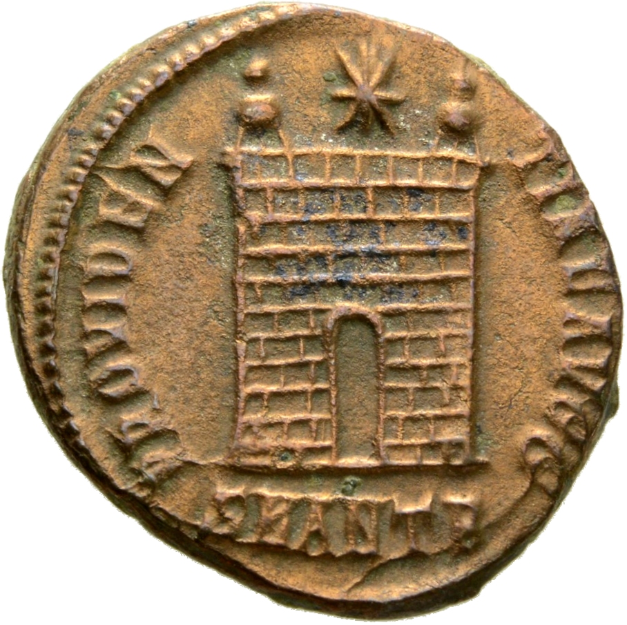 RIC VII Antioch 78 Constantine I reverse, Camp gate with two turrets, without doors, with varying number of stone layers; ...