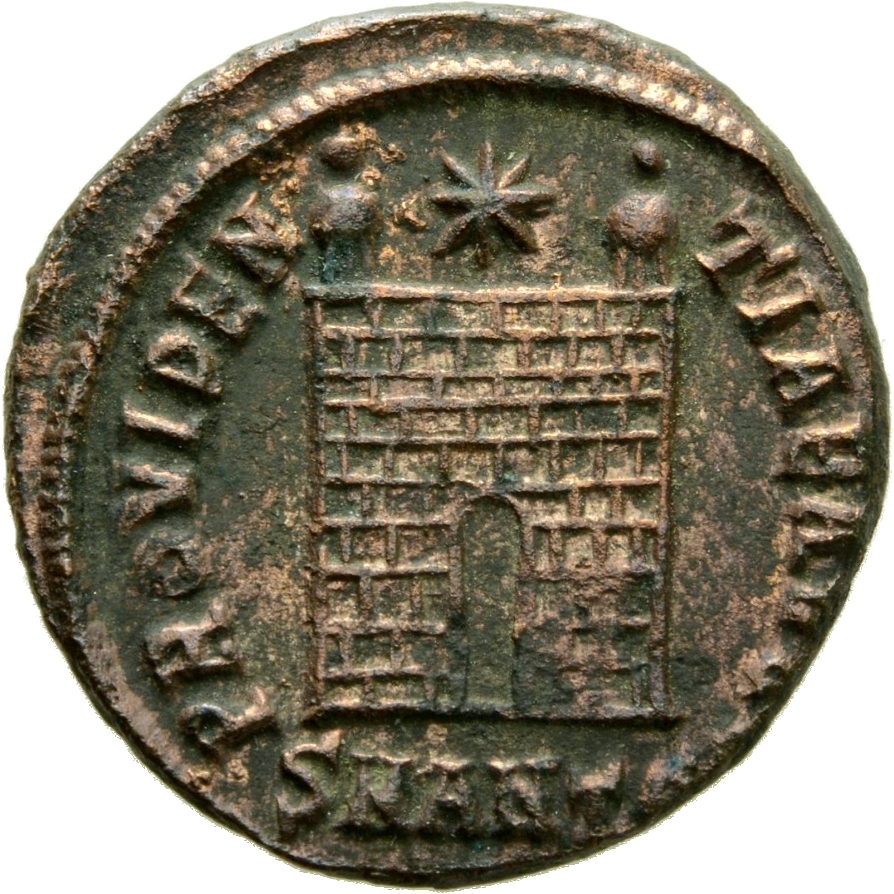 Constantine I reverse — Camp gate with two turrets, without doors, with varying number of stone layers; star above