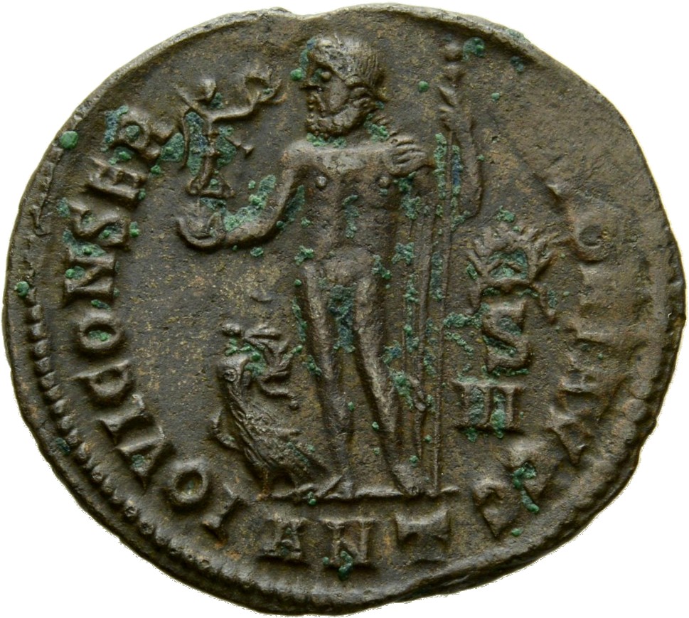 RIC VII Antioch 8 Licinius reverse, Jupiter, nude, chlamys draped across left shoulder, standing left, holding Victory on ...