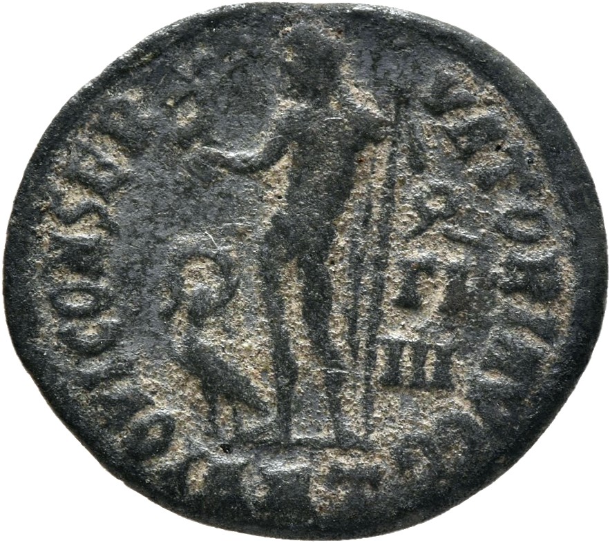 RIC VII Antioch 8 Licinius reverse — Jupiter, nude, chlamys draped across left shoulder, standing left, holding Victory on...