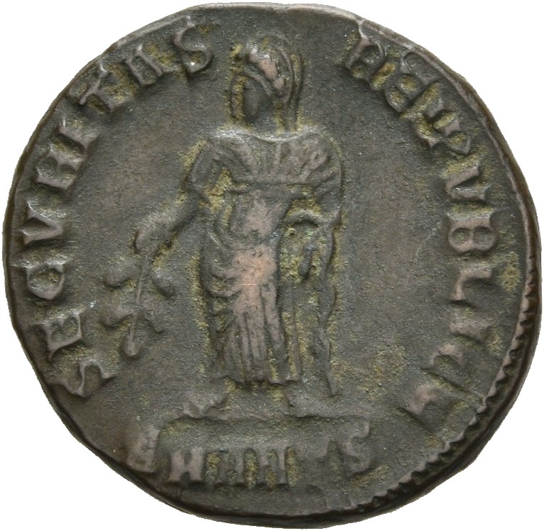 RIC VII Antioch 80 Constantine I reverse, Securitas, draped, standing left, raising robe with right hand and lowering bran...