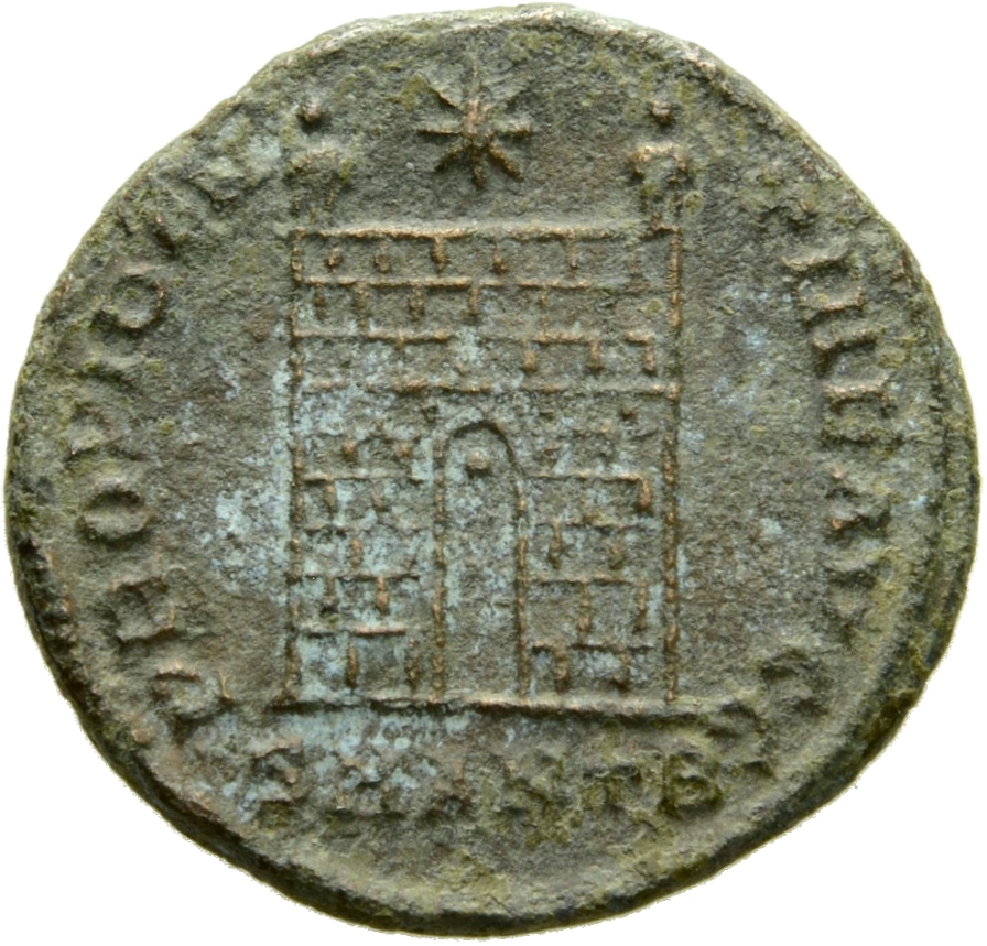 Constantine I reverse — Camp gate with two turrets, without doors, with varying number of stone layers; star above